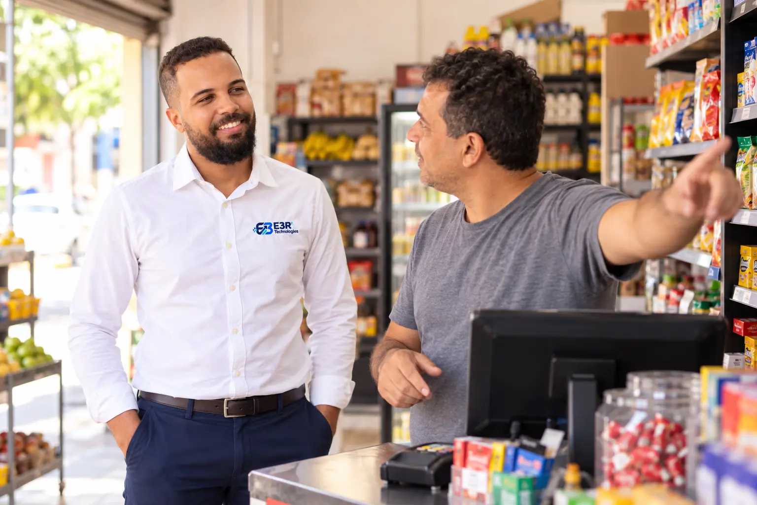 Imagem institucional da E3R’s: conversa com um comerciante no estabelecimento